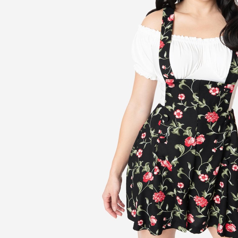 1970s Black & Red Floral Geena Pinafore Shorts